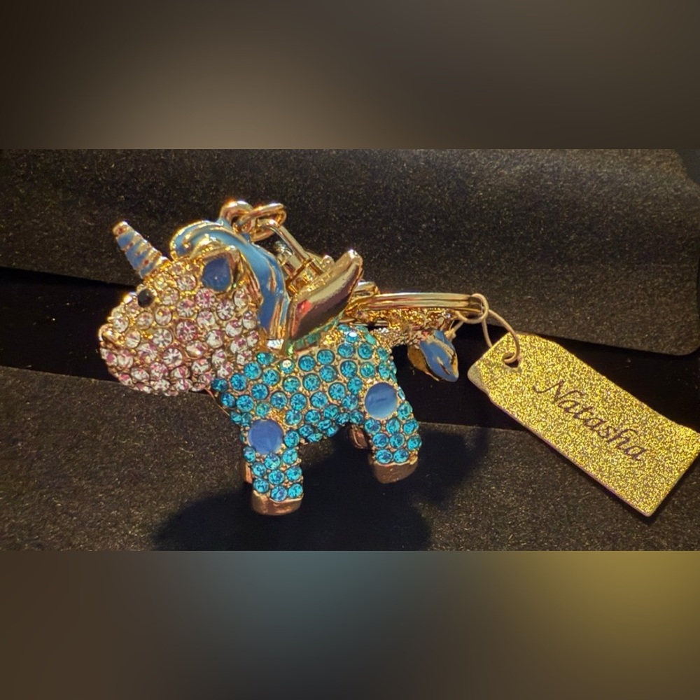 Natasha Couture Blue and Gold Elephant Keychain